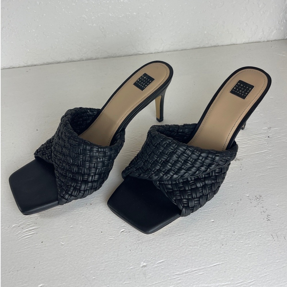 White House Black Market Black Woven Square Toe Stiletto Heel Mules Sandals